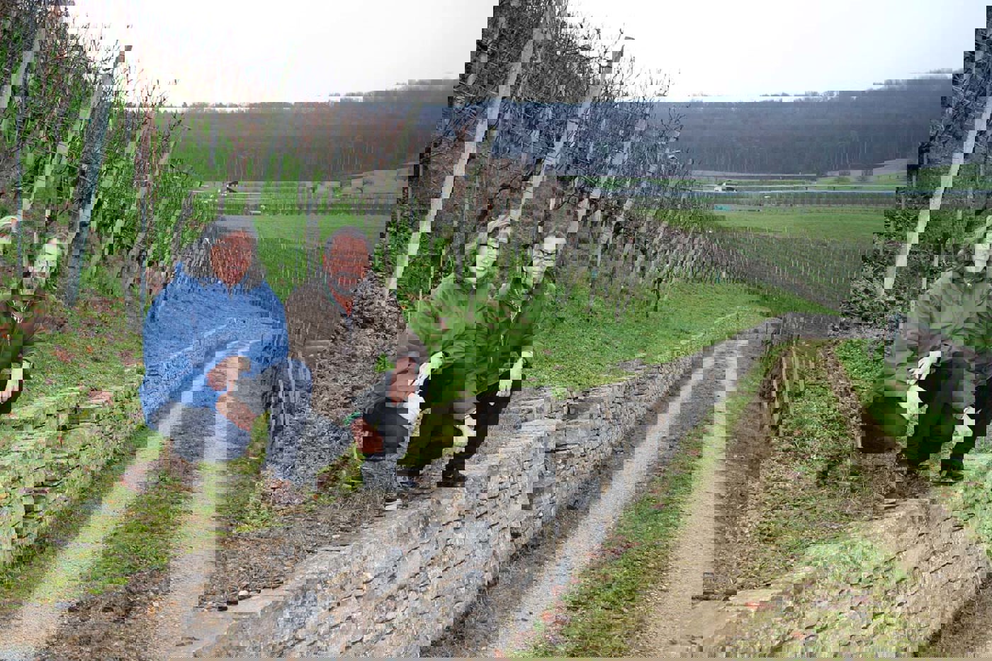 Die Kassierin Susanne Küng und der Präsident Christoph Schaub präsentieren stolz eine von fünf Rebmauern, die der VVM in einem Grossprojekt realisieren konnte. Nicht auf dem Bild sind die weiteren Vereinsvorstände Jessica Baumgartner, Christine Graf und Walter Thommen. © SVS