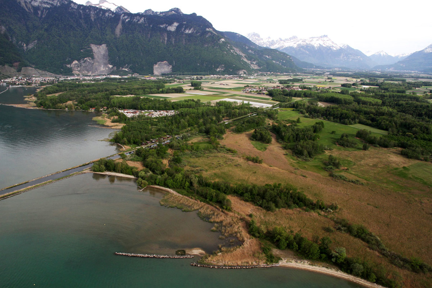 Die Feuchtgebiete der Grangettes mit dem Rhone-Kanal in der Mitte. © Lionel Maumary