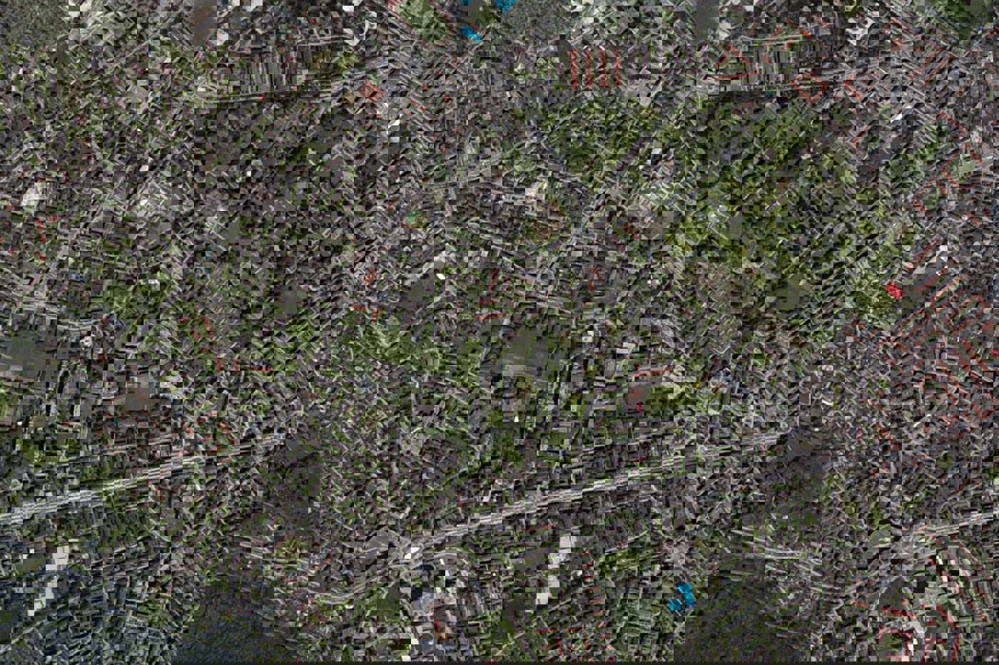 Erst von oben offenbart sich, wie grün Städte eigentlich sind (Bild: Zürich). Doch die Biodiversität ist nicht auf allen Grün­flächen hoch – entsprechend ergibt sich vielerorts ein grosses Potenzial für Aufwertungen. © Google Maps