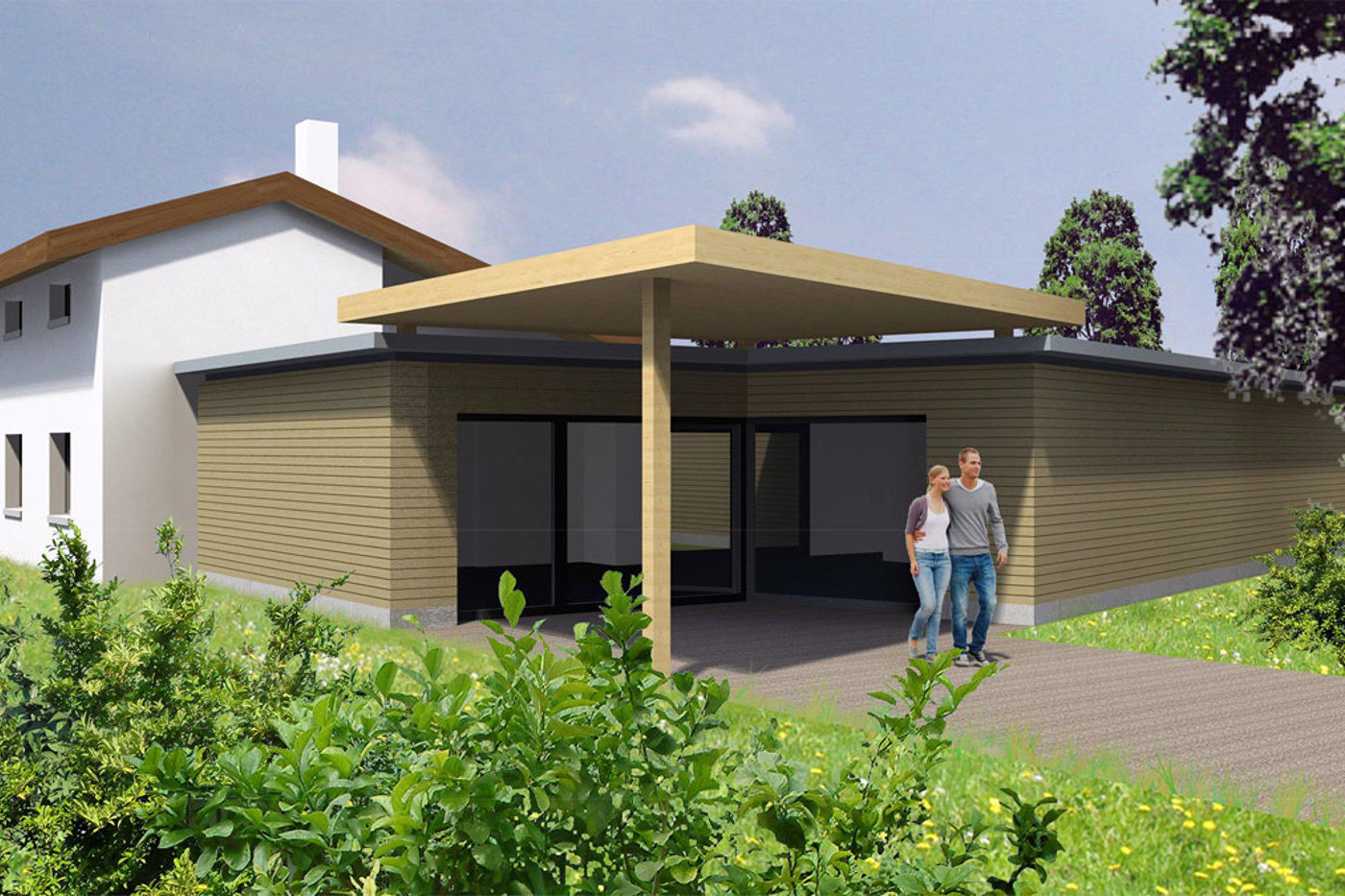 So soll das neue BirdLife-Naturzentrum aussehen. Das weisse Gebäude entspricht dem bestehenden Haus. Der beige Teil und das Vordach  werden neu erstellt. © Hauenstein Märki Architekten GmbH 